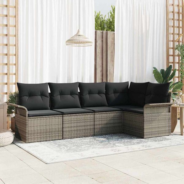 vidaXL Conjunto de sof&aacute; de jard&iacute;n 5 pcs Gris rat&aacute;n sint&eacute;tico