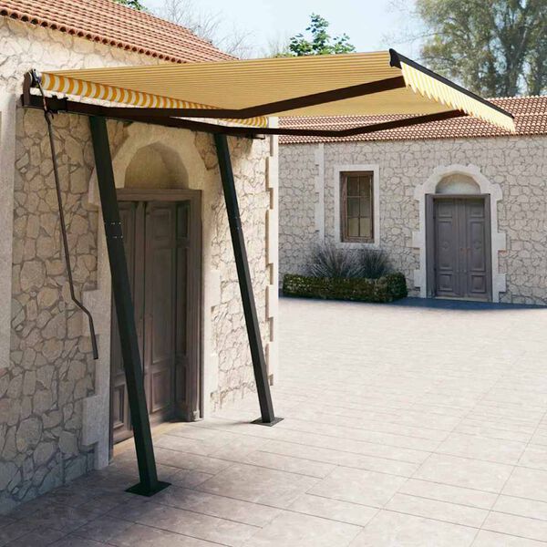 vidaXL Toldo manual retr&aacute;ctil con postes amarillo y blanco 3,5x2,5 m