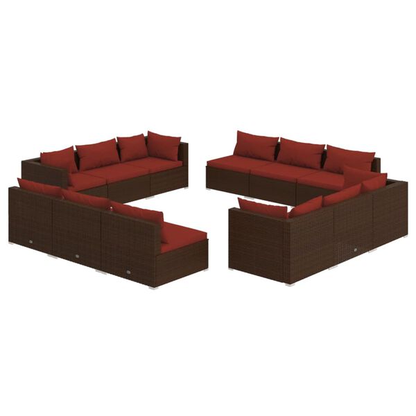 vidaXL Set muebles de jardín y cojines 12 pzas ratán sintético marrón