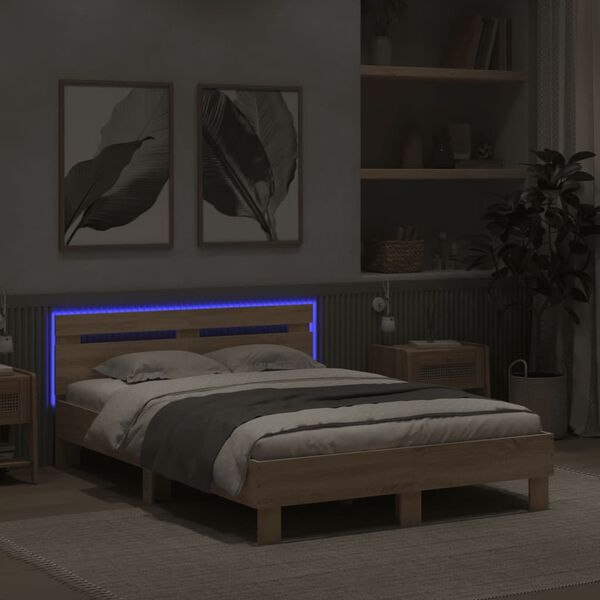 vidaXL Estructura de cama cabecero y luces LED roble Sonoma 120x190 cm