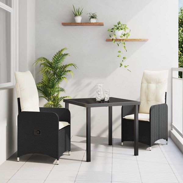 vidaXL Conjunto de Comedor de Jardín con cojín 3 pcs Negro Poliratán