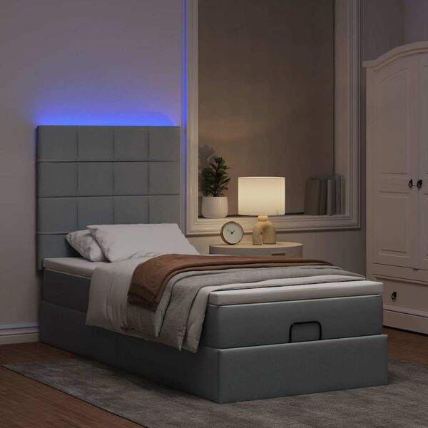vidaXL Cama otomana con colch&oacute;n y LED tela gris claro 90x200 cm