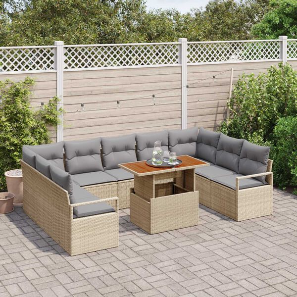 vidaXL Conjunto de sof&aacute; de jard&iacute;n 10 pcs Beige Polirat&aacute;n