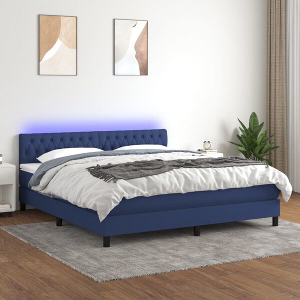 vidaXL Cama box spring colch&oacute;n y luces LED tela azul 160x200 cm
