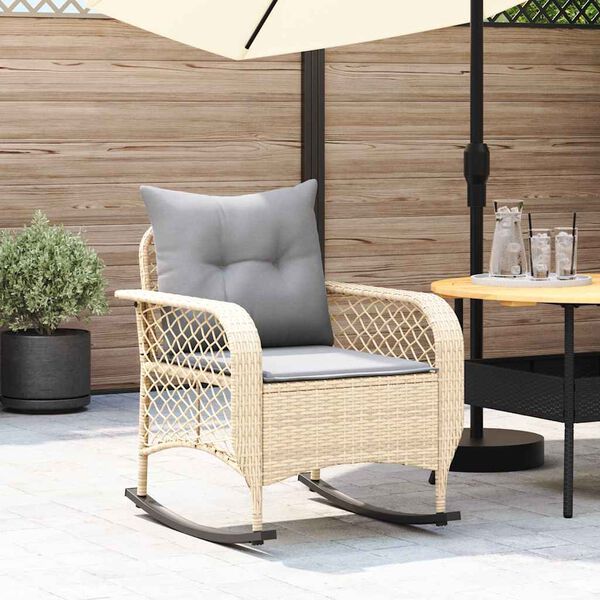 vidaXL Silla mecedora de jard&iacute;n con cojines rat&aacute;n sint&eacute;tico beige