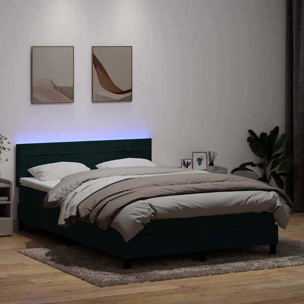 vidaXL Cama box spring con colch&oacute;n y LED terciopelo verde oscuro 140x210 cm