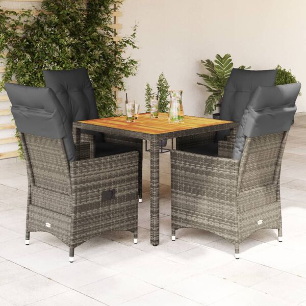 vidaXL Set comedor de jard&iacute;n 5 piezas con cojines rat&aacute;n sint&eacute;tico gris