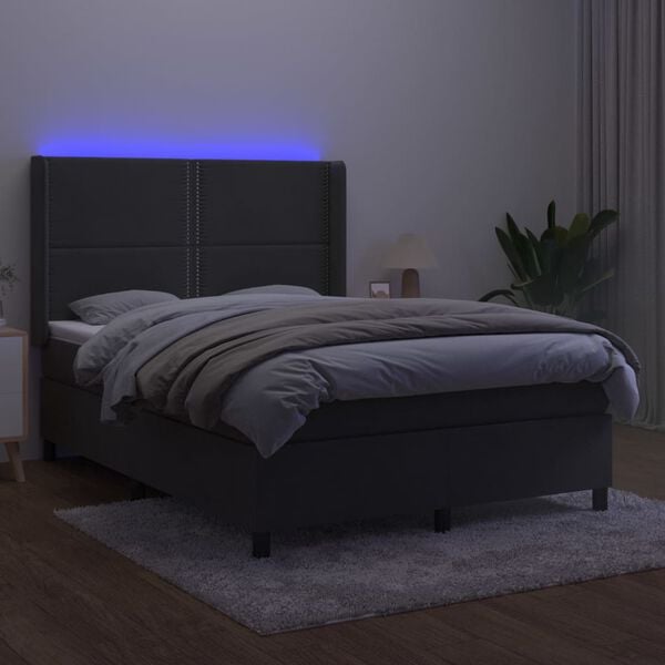 vidaXL Cama box spring colch&oacute;n y LED terciopelo gris oscuro 140x190 cm