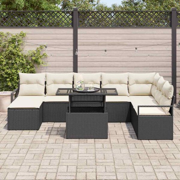vidaXL Conjunto de sof&aacute; de jard&iacute;n con coj&iacute;n 9 pcs Negro y crema