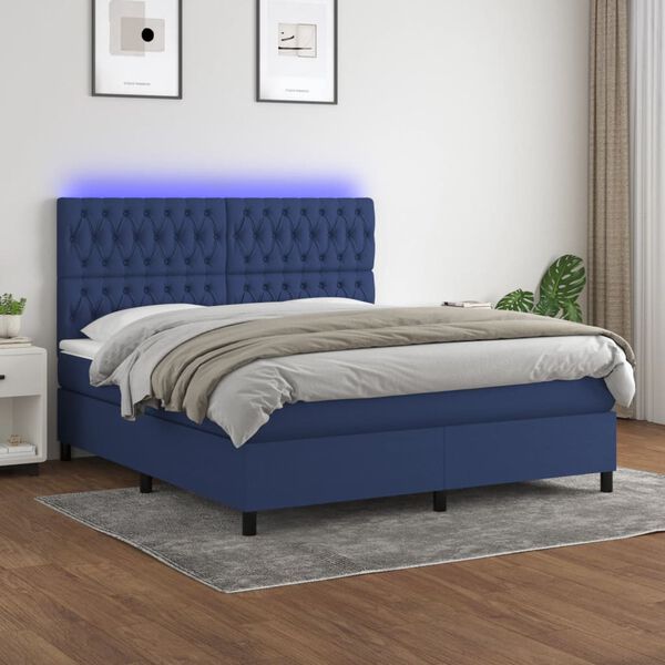 vidaXL Cama box spring colch&oacute;n y luces LED tela azul 160x200 cm