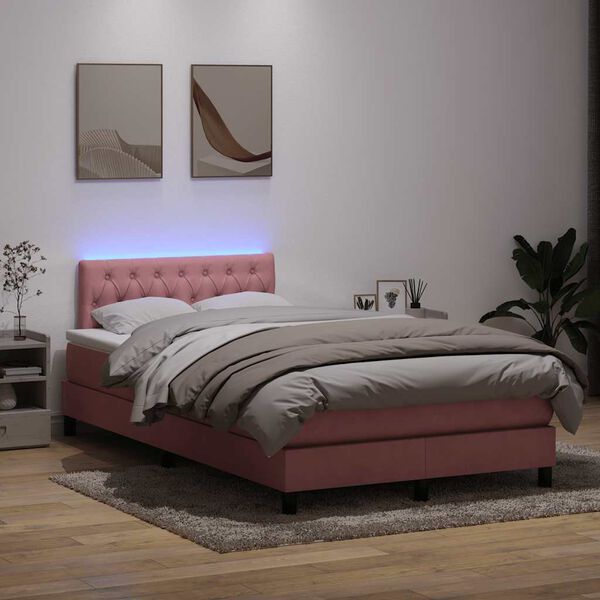 vidaXL Cama box spring con colch&oacute;n y LED terciopelo rosa 120x220 cm
