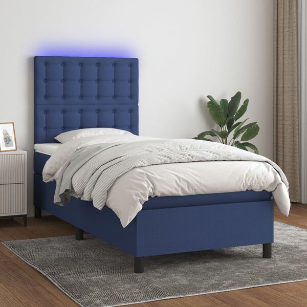 vidaXL Cama box spring colch&oacute;n y luces LED tela azul 90x190 cm