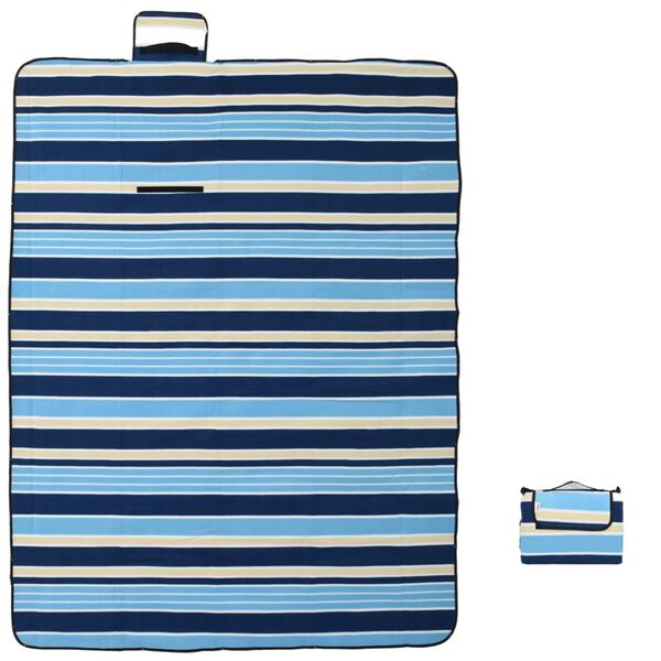 vidaXL Manta de picnic plegable terciopelo rayas azul blanco 200x150cm