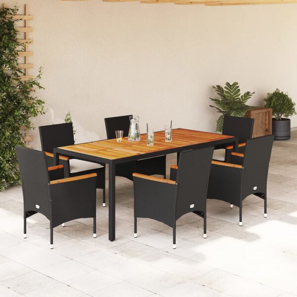 vidaXL Set de comedor jard&iacute;n 7 pzas con cojines rat&aacute;n PE acacia negro