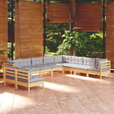 vidaXL Juego de muebles de jardín 10 pzas y cojines madera maciza pino