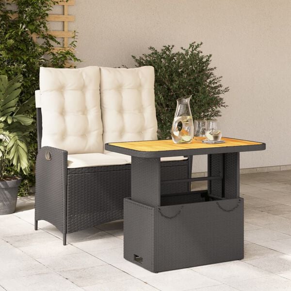 vidaXL Set comedor de jard&iacute;n 2 pzas con cojines rat&aacute;n sint&eacute;tico negro