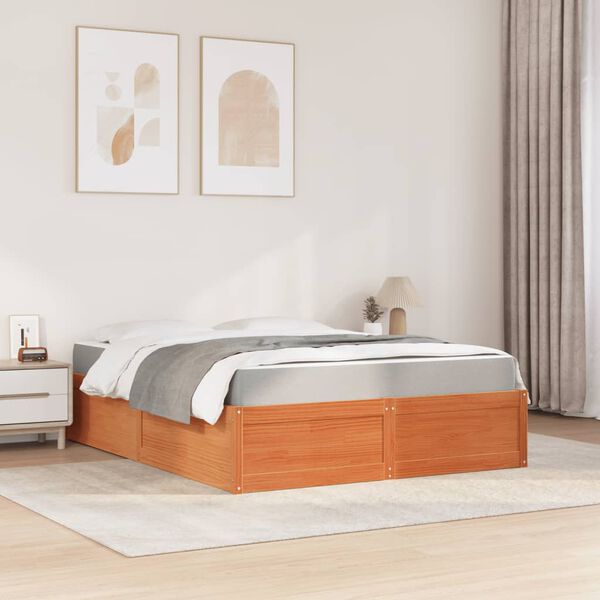 vidaXL Cama con colch&oacute;n madera maciza de pino marr&oacute;n cera 140x200 cm