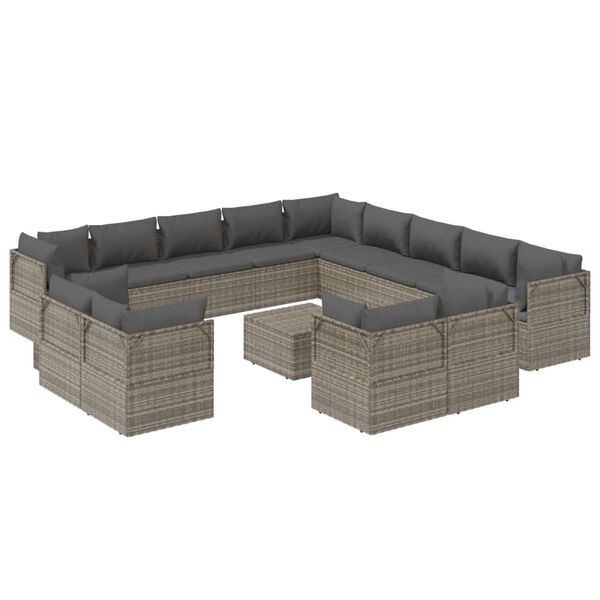 vidaXL Set de muebles de jard&iacute;n 14 pzas y cojines rat&aacute;n sint&eacute;tico gris
