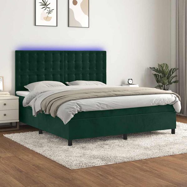 vidaXL Cama box spring colch&oacute;n y LED terciopelo verde oscuro 160x200cm