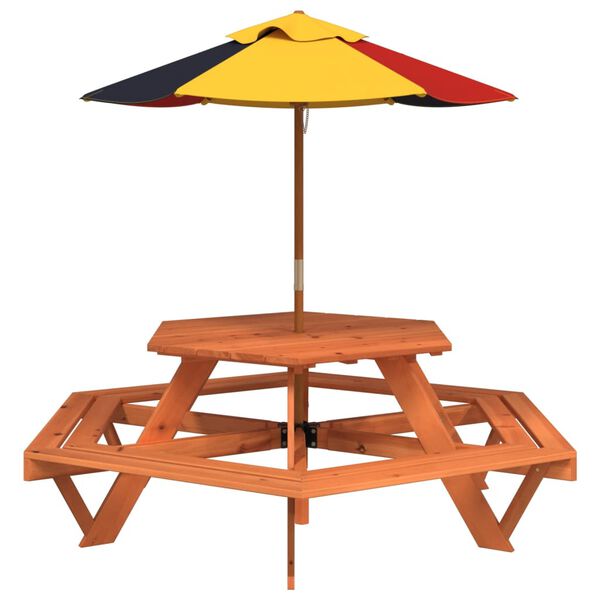 vidaXL Mesa de picnic hexagonal 6 ni&ntilde;os agujero sombrilla madera abeto