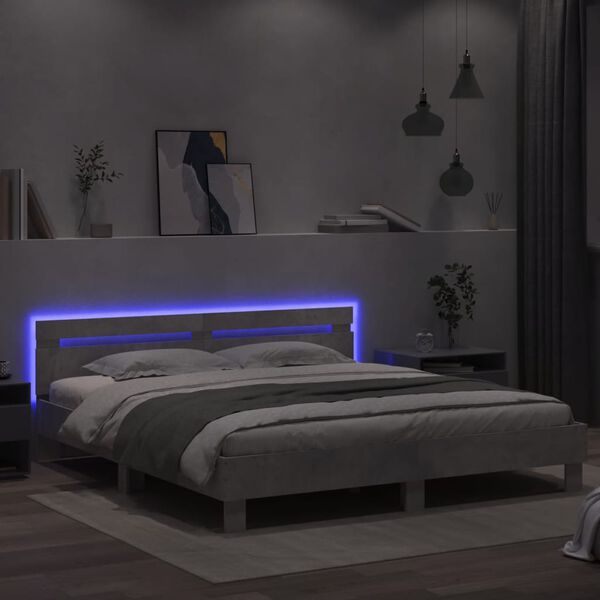 vidaXL Estructura de cama cabecero y luces LED gris hormig&oacute;n 200x200cm