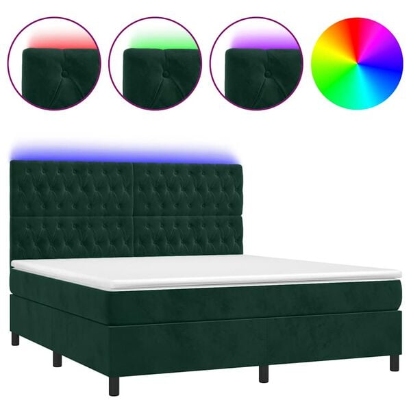 vidaXL Cama box spring colch&oacute;n y LED terciopelo verde oscuro 180x200cm
