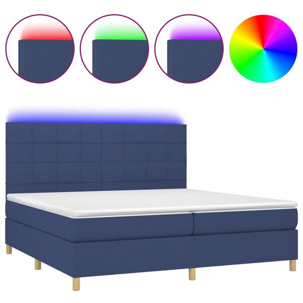 vidaXL Cama box spring colch&oacute;n y luces LED tela azul 200x200 cm