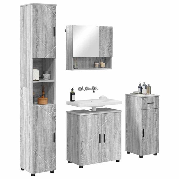 vidaXL Juego de muebles de ba&ntilde;o con caj&oacute;n con puerta 4 pcs Gris Sonoma