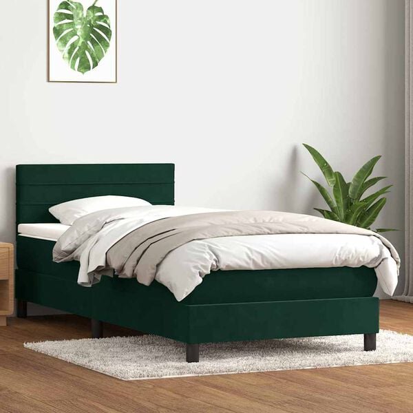 vidaXL Cama box spring con colch&oacute;n y LED terciopelo verde oscuro 90x210 cm