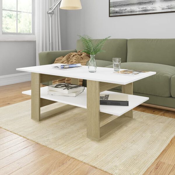vidaXL Mesa de centro madera de ingenier&iacute;a blanco y roble 110x55x42 cm