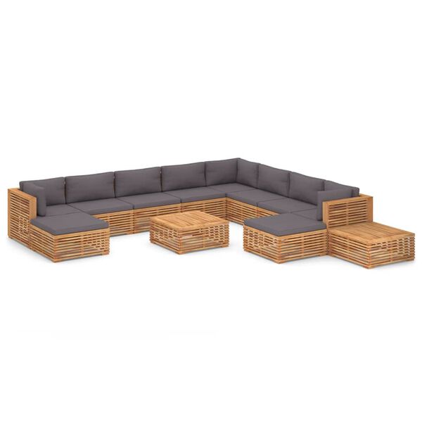 vidaXL Muebles de jard&iacute;n 12 pzas coj&iacute;n gris oscuro madera maciza teca