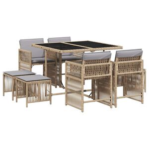 vidaXL Set comedor de jard&iacute;n 9 pzas con cojines rat&aacute;n sint&eacute;tico beige