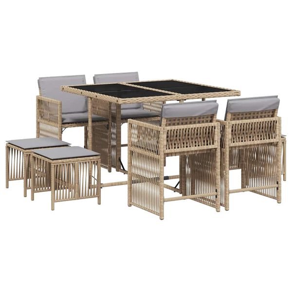 vidaXL Set comedor de jard&iacute;n 9 pzas con cojines rat&aacute;n sint&eacute;tico beige