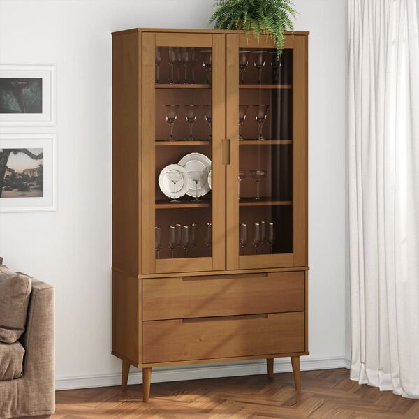 vidaXL Mueble vitrina MOLDE madera maciza de pino marr&oacute;n 90x35x175 cm