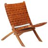 vidaXL Silla plegable con rayas cruzadas cuero aut&eacute;ntico marr&oacute;n