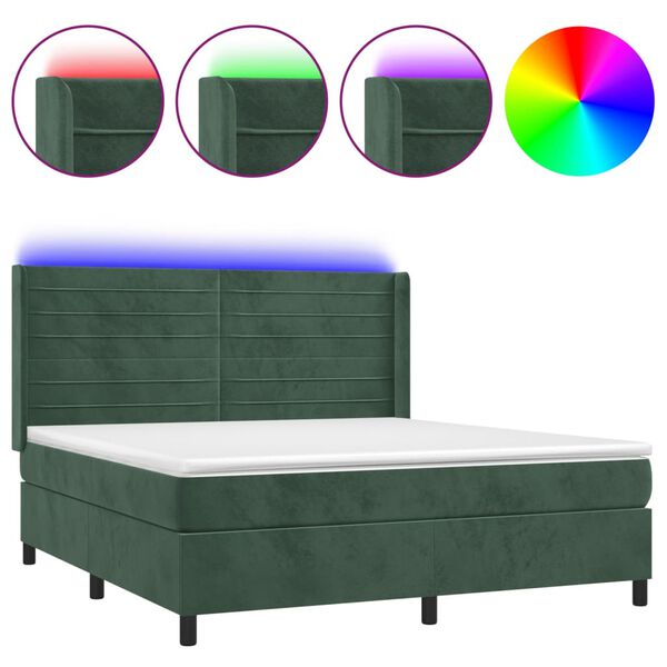 vidaXL Cama box spring colchón y LED terciopelo verde oscuro 180x200cm