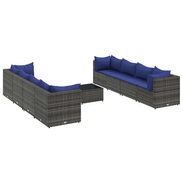 vidaXL Set de muebles de jard&iacute;n 9 pzas y cojines rat&aacute;n sint&eacute;tico gris