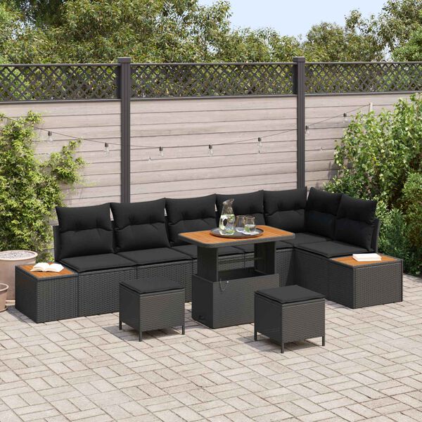 vidaXL Conjunto de sof&aacute;s de jard&iacute;n 9 pcs Negro rat&aacute;n sint&eacute;tico