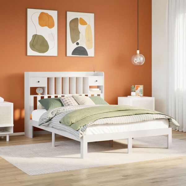 vidaXL Cama con estanter&iacute;a sin colch&oacute;n madera maciza blanca 160x200 cm