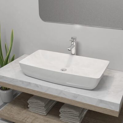 vidaXL Lavabo de baño rectangular con grifo mezclador cerámica blanco