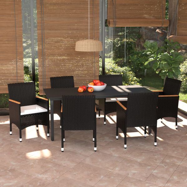 vidaXL Set de comedor de jard&iacute;n 7 pzas y cojines rat&aacute;n sint&eacute;tico negro