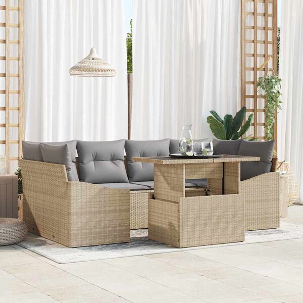 vidaXL Conjunto de sof&aacute; de jard&iacute;n 7 pcs Beige rat&aacute;n sint&eacute;tico