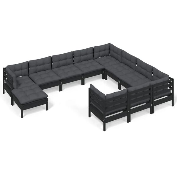 vidaXL Muebles de jard&iacute;n 11 pzas y cojines negro madera de pino