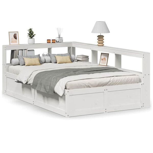 vidaXL Cama con estanter&iacute;a sin colch&oacute;n madera maciza blanca 135x190 cm