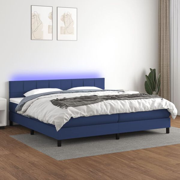 vidaXL Cama box spring colch&oacute;n y luces LED tela azul 200x200 cm