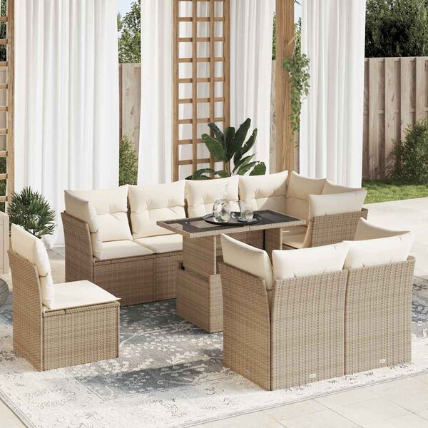 vidaXL Set de sof&aacute;s de jard&iacute;n con cojines 9 pzas rat&aacute;n sint&eacute;tico beige