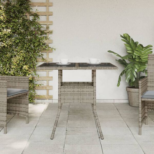 vidaXL Mesa de jard&iacute;n superficie de vidrio rat&aacute;n PE gris 80x80x75 cm