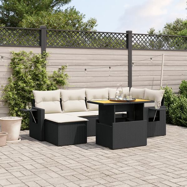 vidaXL Set de comedor de jard&iacute;n 7 pzas y cojines rat&aacute;n sint&eacute;tico negro