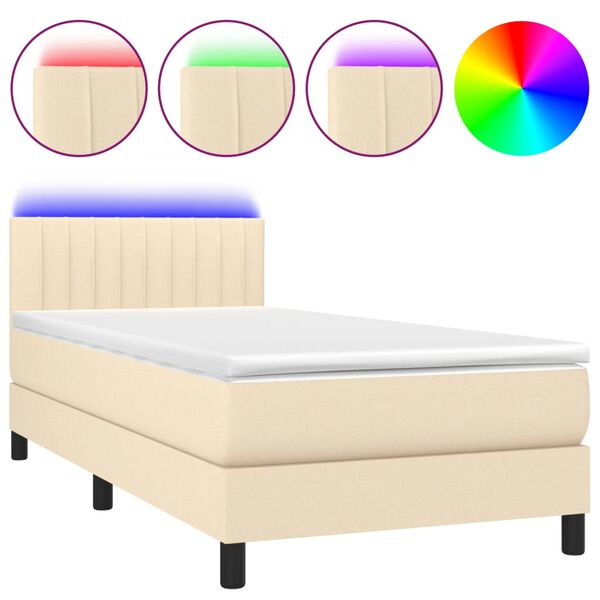 vidaXL Cama box spring colch&oacute;n y luces LED tela crema 90x200 cm