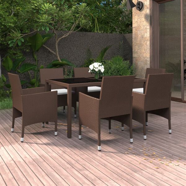 vidaXL Set de comedor de jard&iacute;n 7 pzas rat&aacute;n PE vidrio templado marr&oacute;n